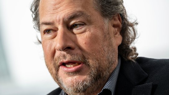 Marc Benioff, chief executive officer of Salesforce Inc., during a Bloomberg Television interview at the 2024 Dreamforce conference in San Francisco, California, US, on Thursday, Sept. 19, 2024. Benioff said his company’s newly introduced artificial intelligence software is a complete package for business customers seeking to take advantage of the emerging technology. Photographer: David Paul Morris/Bloomberg