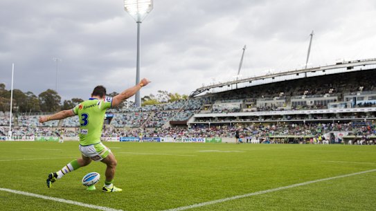 Captain Jarrod Croker of the Canberra Raiders converts Winger Jeremy Hawkins try