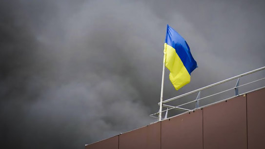 A Ukrainian flag in Dnipro, Ukraine.
