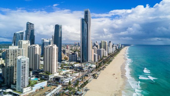 Aerial over ocean surf into the beach of Surfers Paradise Gold Coast Broadbeach, Gold Coast iStock photo