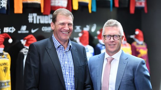 Match review officer Michael Christian with the AFL’s then footy operations boss Steve Hocking in 2017.