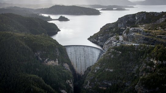 Hydro Tasmania’s Gordon Dam on Lake Gordon in the south-west of Tasmania. 