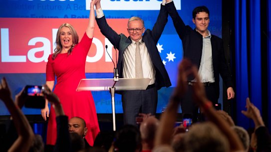 Australia’s new Prime Minister, Anthony Albanese, with his son, Nathan, and girlfriend, Jodie Haydon.