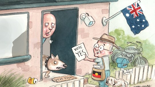 John Shakespeare illo  of Peter Dutton and Anthony Albanese re the Voice  for Peter Hartcher column March 25