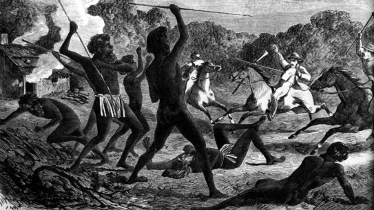 Aboriginal warriors in action in a sketch titled "A Deadly Encounter" by H Calvert in 1870.
