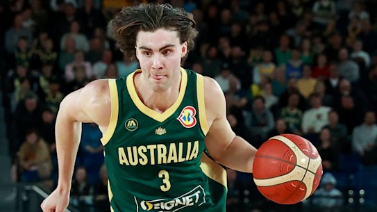 Josh Giddey playing for the Boomers against Venezuela in Melbourne last year.