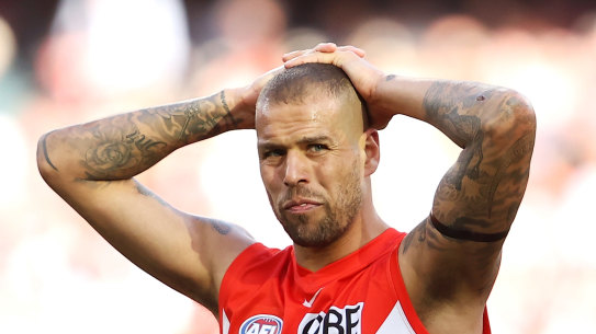 Lance Franklin of the Swans looks dejected during the 2022 AFL Grand Final