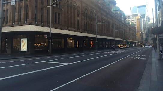 A nice place to walk: an empty George Street near Town Hall at 7:20am on Tuesday.