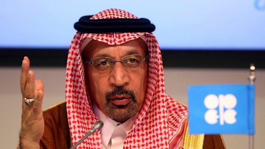 Khalid Al-Falih Minister of Energy, Industry and Mineral Resources of Saudi Arabia attends a news conference, after a meeting of the Organization of the Petroleum Exporting Countries, OPEC, and non OPEC members, at their headquarters in Vienna, Austria, Saturday, June 23, 2018. (AP Photo/Ronald Zak)