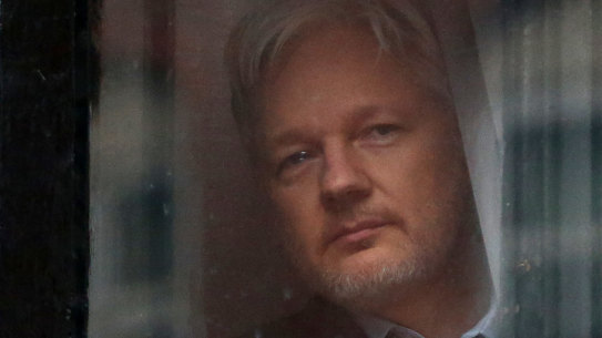 Julian Assange looks out a window of the Ecuadorian embassy in London, where he stayed for nearly seven years.