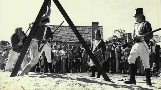 A convict been whipped for stealling *****.
Old Sydney Town at Gosford. August 22, 1976. (Photo by Nigel Scot McNeil/Fairfax Media).