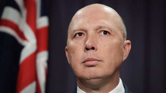 Minister for Home Affairs Peter Dutton addresses the media during a joint press conference with Commander of Operation Sovereign Borders, Air Vice-Marshal Stephen Osborne, at Parliament House in Canberra on Monday 7 May 2018. fedpol Photo: Alex Ellinghausen