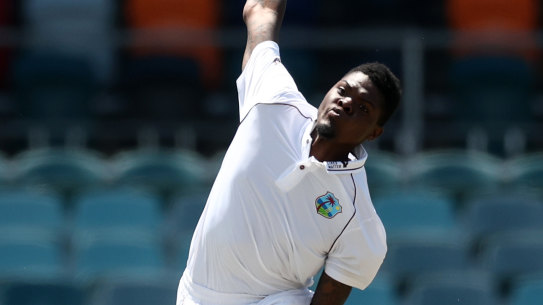 Alzarri Joseph bowling against the Prime Minister’s XI in Canberra last week.