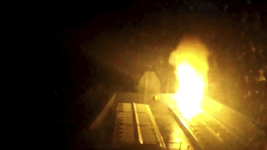 An image of HMS Diamond firing its Sea Viper missile to engage and shot down an aerial drone over the Red Sea.