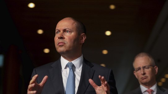 Treasurer Josh Frydenberg and Minister for the Communications, Urban Infrastructure, Cities and the Arts during a press conference about creative sector funding  at Parliament House in Canberra on March 25, 2021. fedpol Photo: Dominic Lorrimer