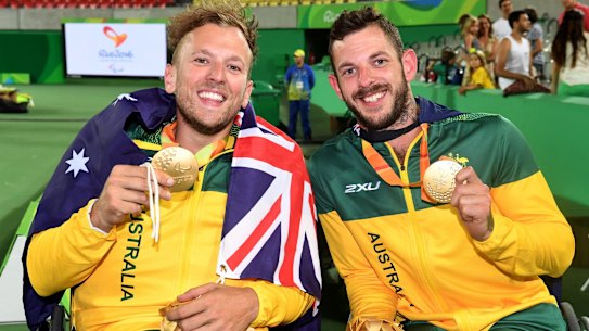 Dylan Alcott and Heath Davidson after their quad doubles final victory in Rio.