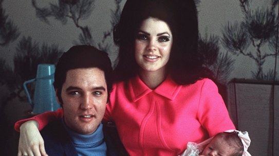 Elvis Presley with wife Priscilla and daughter Lisa Marie in a Memphis hospital four days after she was born in February 1968.