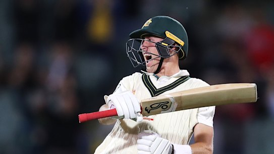 Marnus Labuschagne celebrates his century during day one of the second Test against Pakistan in Adelaide. 