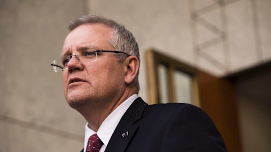 Prime Minister Malcolm Turnbull, Treasurer Scott Morrison and Finance Minister Mathias Cormann hold a press conference about company tax cuts at Parliament House in Canberra on August 22, 2018. fedpol Photo: Dominic Lorrimer 