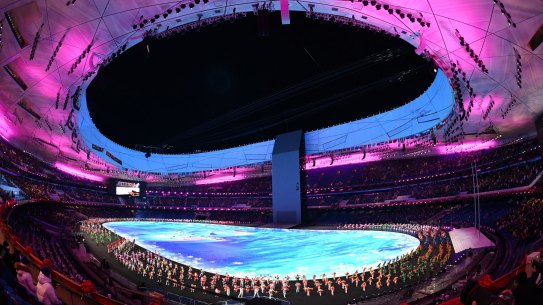 BEIJING, CHINA - FEBRUARY 04: General view inside the stadium as performers dance during the Opening Ceremony of the Beijing 2022 Winter Olympics at the Beijing National Stadium on February 04, 2022 in Beijing, China. (Photo by Matthias Hangst/Getty Images)