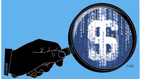 A hand (with cuff labelled 'BANKS') holds a magnifying glass with a dollar sign in it made from cascading digital zeros and ones. Illustration for Clancy Yeates story by Matt DavidsonÂ 