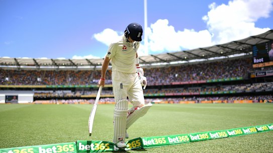 A dismissed England captain Joe Root leaving the Gabba field during the first Ashes Test in 2017.