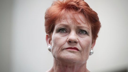 Senator Pauline Hanson addresses the media during a joint press conference at Parliament House in Canberra on Tuesday 13 February 2018. fedpol Photo: Alex Ellinghausen