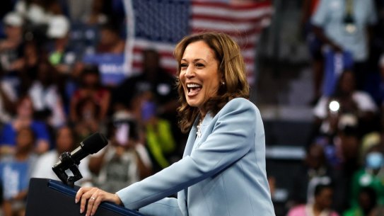 US Vice President Kamala Harris during a campaign event in Atlanta, Georgia, on July 30, where rapper Megan Thee Stallion performed.