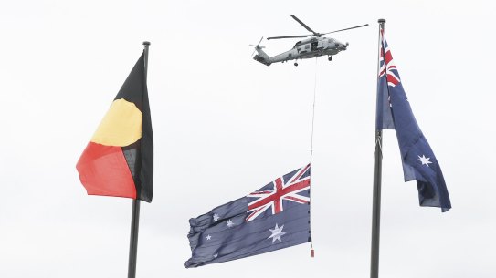 A flypast during the Australia Day flag raising and citizenship ceremony at Rond Terrace in Canberra on Wednesday 26 January 2022. fedpol Photo: Alex Ellinghausen