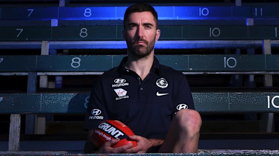 MELBOURNE, AUSTRALIA - June 26 . Kade Simpson of Carlton poses for a photo before his 300th game on June 26, 2018 in Melbourne, Australia. (Photo by Darrian Traynor)