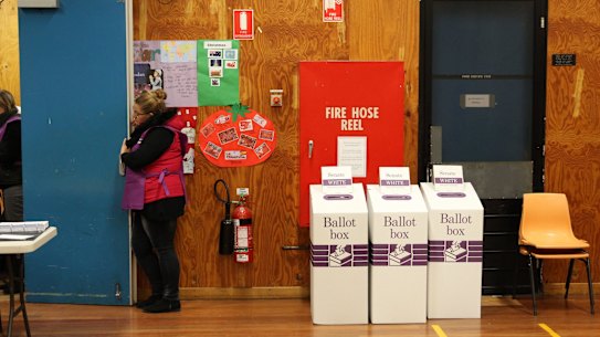 NCH NEWS. 2016 Federal Election. Pic shows AEC electoral workers packing up just before voting closed at Medowie Public School just before 6pm, in the electoral division of Paterson NSW. 2nd July 2016. NCH. Pic by MAX MASON-HUBERS MMH