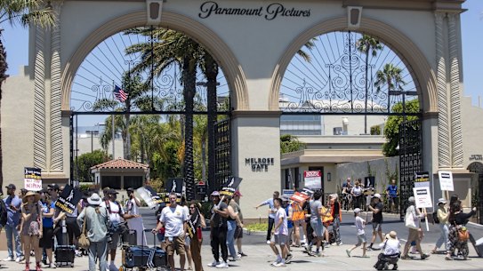 The WGA and SAG-AFTRA picket line outside Paramount Studios in Los Angeles.