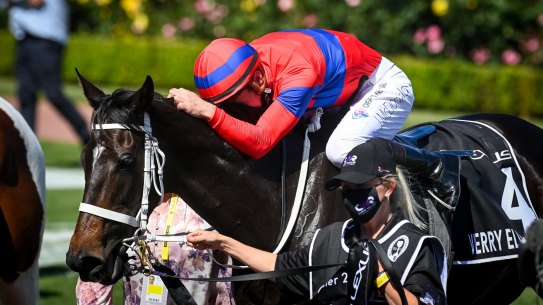 Jockey James McDonald celebrates as returns to scale on Verry Elleegant after taking out the Melbourne Cup.
