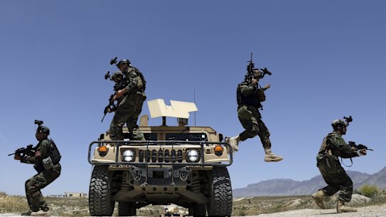 Afghan soldiers patrol outside their military base on the outskirts of Kabul, Afghanistan, last month. By September11 the remaining U.S.and allied NATO forces will leave the country, ending nearly 20 years of military engagement. 