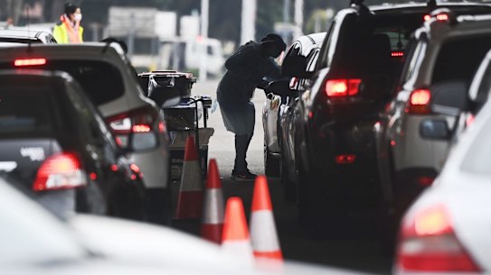 St Vincent’s drive-through clinic at Merrylands , busy with many local getting tested for COVID.
