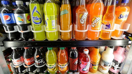 Soft drinks in a vending machine. 