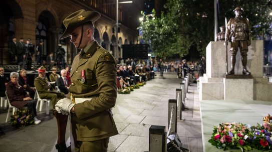 The guard of honor at the ANZAC Day Dawn Service in Martin Place, Sydney on Sunday  April 25, 2021. Photo by Cole Bennetts .