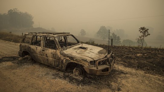NSW FIRES: A burnt out vehicle on the fireground in Taylors Arm near Macksville in northern NSW. 11th November 2019, Photo: Wolter Peeters, The Sydney Morning Herald.