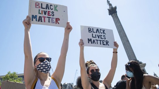People take part in a Black Lives Matter protest in Trafalgar Square,  London on Sunday to protest against the recent killing of George Floyd by police officers in Minneapolis, US, that has led to protests in many countries and across the US. 