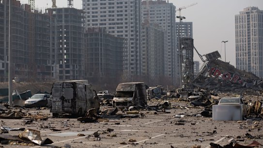 The site of a rocket explosion where a shopping mall used to be in Kyiv, Ukraine. 