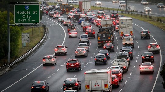 Morning traffic jam on the Eastern Freeway.