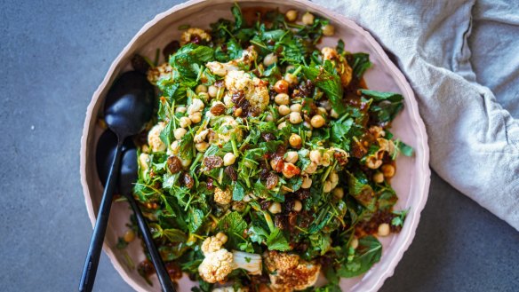 Chickpea, roasted cauliflower and herb salad with harissa and honey dressing. 