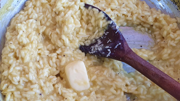 Beat butter and parmesan into the risotto at the end to make it creamy.