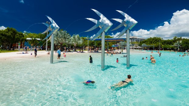 CAIRNS, AUSTRALIA - 27 MARCH 2016. Tropical swimming lagoon on the Esplanade in Cairns with artificial beach, Queensland, Australia. L&amp;L FRESH DIRECTIONS FIONA CARRUTHERS Cairns