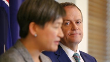 Senator Penny Wong and Opposition Leader Bill Shorten during a joint press conference at Parliament House in Canberra on Wednesday 21 October 2015. Photo: Alex Ellinghausen