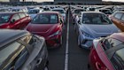 MG Motor MG4 electric vehicles in a parking lot at a vehicle terminal in Port Kembla.