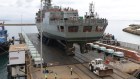 HMAS Stuart is moved off the syncro lift as the ship is docked at BAE Systems Shipyard at Henderson WA, in preparation for the Anti-Ship Missile Defence (ASMD) upgrade. Shipbuilding Photo: Department of Defence