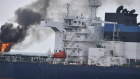 A view of  the oil tanker Marlin Luanda on fire after an attack, in the Gulf of Aden. 