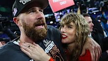 Travis Kelce, left, and Taylor Swift after the AFC Championship Game in January.