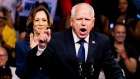 Tim Walz and Kamala Harris at a rally of the faithful in Pennsylvania on Tuesday night (Wednesday AEST).